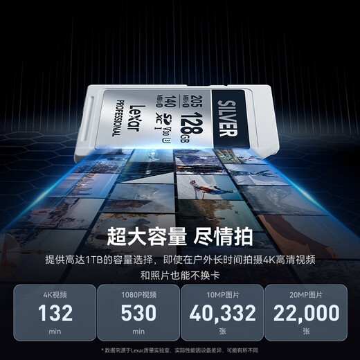雷克沙（Lexar）128GB SD存储卡 U3 V30 佳能索尼富士尼康相机高速SD卡 读205MB/s 写140MB/s 4K超清录制 SD银卡