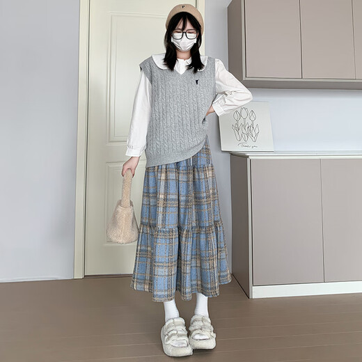 Langsha Woolen Plaid Skirt Women's Autumn and Winter 2025 New High Waisted Slim A-Line Mid-Length Umbrella Skirt Cake Skirt