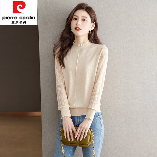 Pierre Cardin Spring and Automne mince Pull à manches longues pour les femmes Court automne et hiver 2025 Nouvelle chemise de base en dentelle intérieure demi-col roulé Top 1396 Beige 2xl [135-150jin [Jin est égal à 0,5 kg]]]