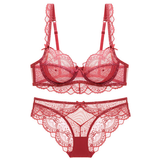 VRSZEE light luxury brand underwear women's thin push-up bra set small breast lace sexy panties temptation bikini burgundy 75B