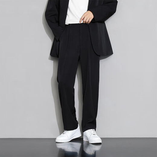 SHANNU casual pants men's spring and summer draped thin trendy loose wide-leg ice silk straight business suit trousers black [high quality] L