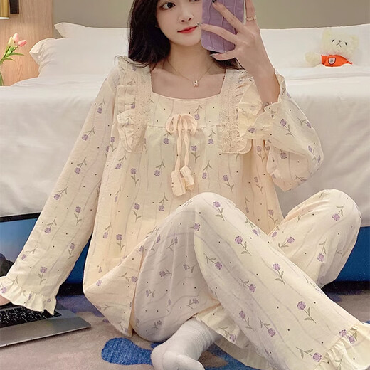 乔铭馨品（QIAOMINGXINPIN）梭织棉睡衣春秋款女长袖长裤套装夏天公主风甜美郁金香冬季家居服 DWX-H838# 2XL