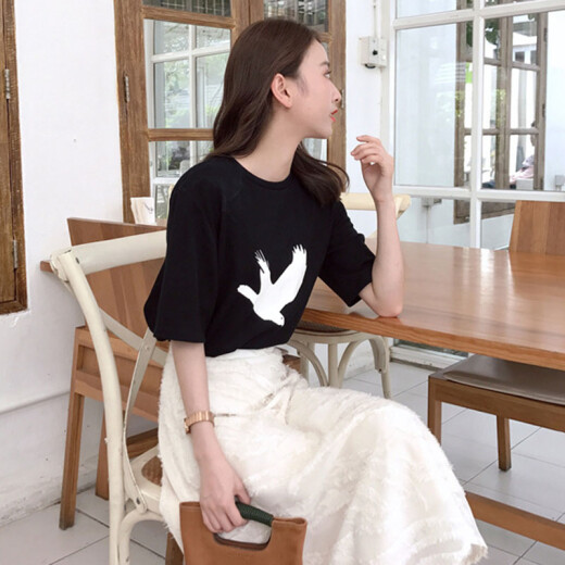 Langyue women's summer short-sleeved dress Korean style loose student T-shirt skirt two-piece set LWQZ193318 black T+white skirt M