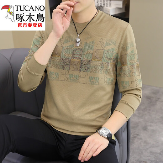 啄木鸟（TUCANO）2025春秋新款男士欧货长袖T恤加肥加大码卫衣男装个性打底衫上衣 薄款 【春秋】6628卡其 2XL 150-165斤