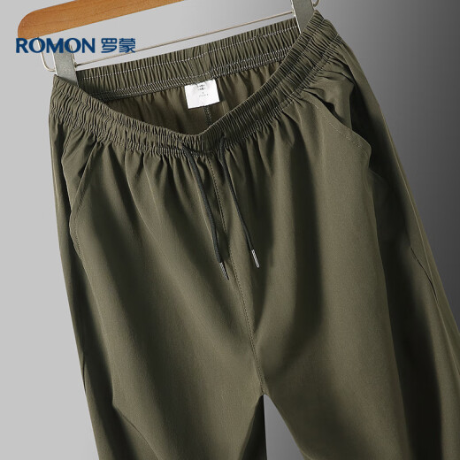 
ROMON casual pants men's summer loose sports straight pants ice silk elastic nine-point pants men's clothing 718 military green 3XL