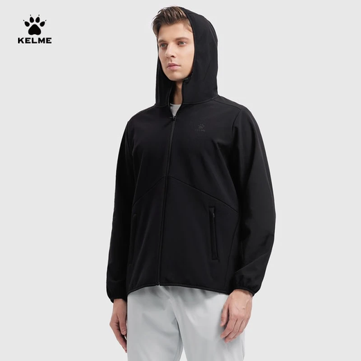 KELME Shadow Shark Sports Windbreaker Woven Jacket Men's Winter Windproof and Waterproof Hooded Velvet Jacket Agate Black XL