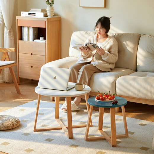 Lin's home coffee table small apartment solid wood legs round tea table living room home Japanese style combination side table LS755 [white] LS755J3-A large round coffee table