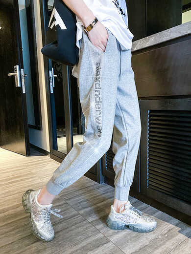 Mad Cortes Design Trendy Brand Sports Casual Pants Women's Summer Trendy Hot Diamond Nine-Point Pants Loose and Versatile Harem Pants White M