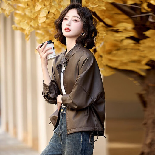 拉夏贝尔（La Chapelle）美拉德皮衣外套女2024新款春秋短款宽松休闲复古PU皮机车夹克上衣 咖啡色 M 【建议115斤以下】