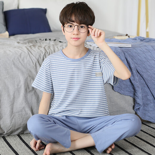 曼妮朵儿童睡衣男童短袖长裤秋装男孩全棉空调套装大童青少年纯棉家居服 N9902【短长】 130 14码建议125-135cm