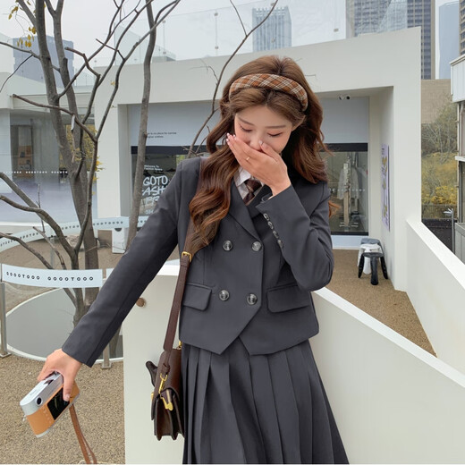 Customized (CECAI) college style gray suit for women 2025 spring new loose slim suit pleated skirt two-piece set black (suit + shirt + skirt) S