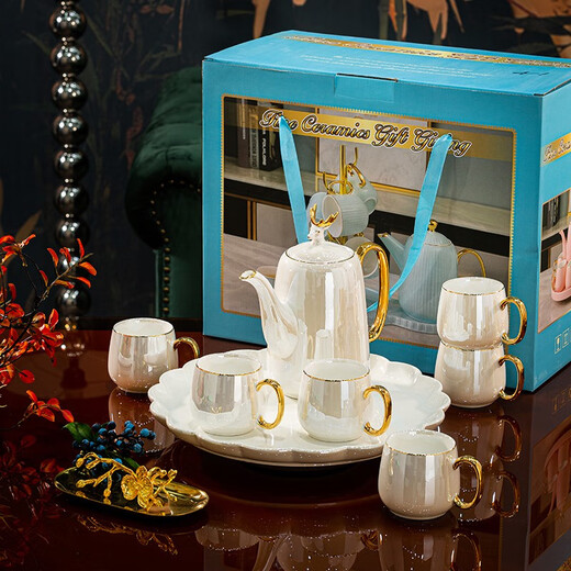 Huangtong Jingdezhen Ceramic Water Set Light Luxury Nordic Style Tea Set High-end High Temperature Living Room Home Water Cup Teapot Teacup I’ll Have You All the Way Pearlescent White Water Set