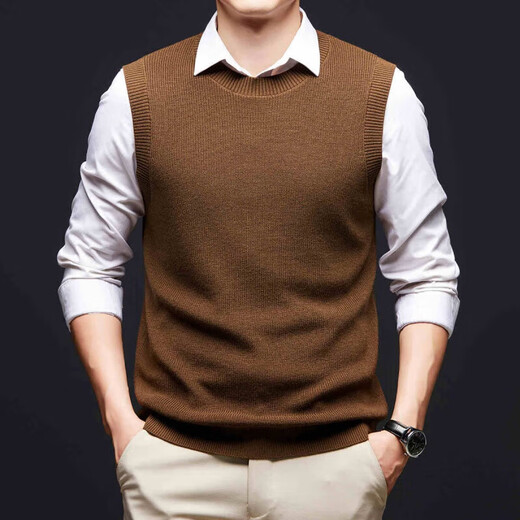 International Milan Light Luxury Men's Clothing High-end Brand Sweater Vest Men's Spring and Autumn Round Neck Solid Color Wool Vest Men's Saddle Brown XL (180)