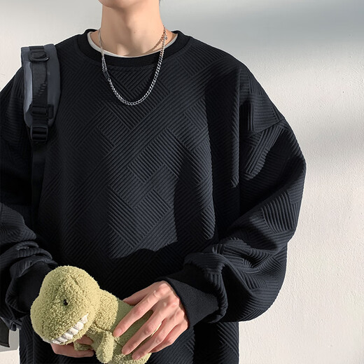 OEMG华夫格重磅无帽加绒加厚卫衣男春秋冬季潮牌保暖圆领宽松百搭外套 黑色常规 XL [建议125-140斤]