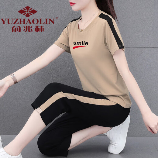 La madre de Yu Zhaolin usa el traje de pantalones de manga corta de algodón puro para mujeres en verano 2024 Nuevo ropa deportiva informal de moda de mediana edad. Dos piezas wk689-55# gris (traje de pantalones de recorte) XL (recomendado 110-125Jin [Jin equivale a 0.5 kg])