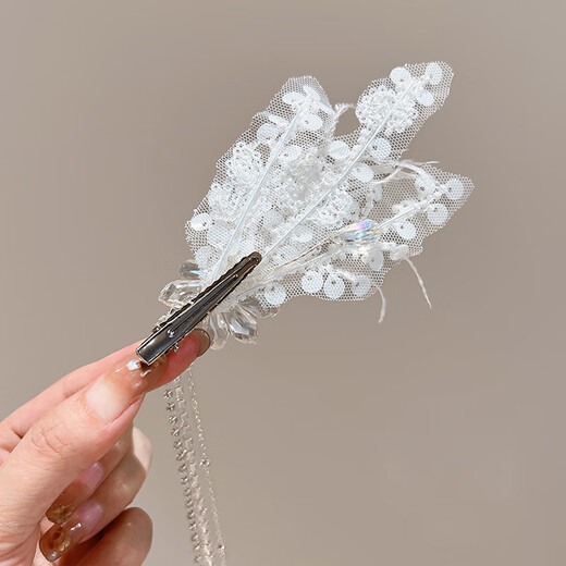 瑜尚臻品 发夹儿童女羽毛蝴蝶流苏发夹高级发卡头饰气质小女孩水钻边夹子 水晶羽毛发夹【一对】