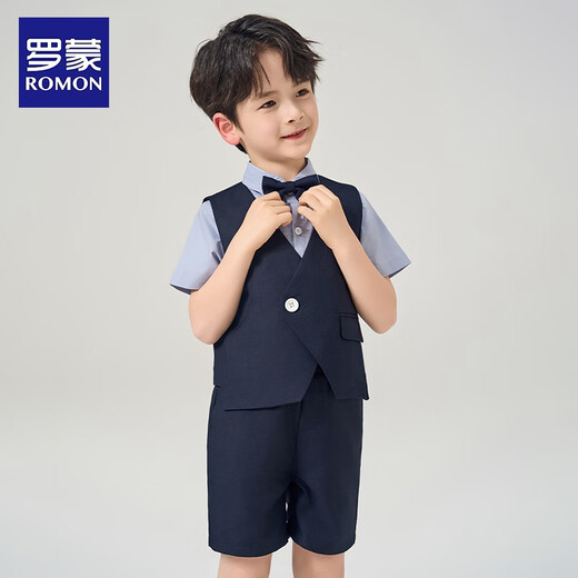 罗蒙礼服男童西装套装英伦风男宝周岁生日宴会西服花童毕业儿童演 马甲套系：马甲+长裤 90
