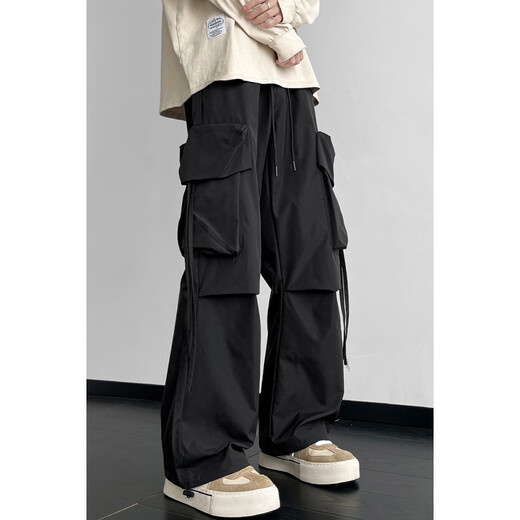 Poke American multi-pocket hiphop workwear pants for men in spring and autumn trendy brand loose large size functional assault straight casual pants K1212 black XL 125-145Jin Jin is equal to 0.5 kg