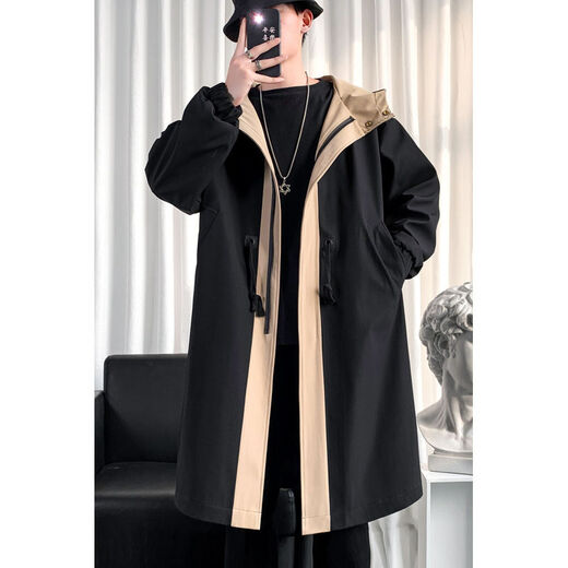 Kaduton autumn and winter long knee-length windbreaker men's hooded Korean large size loose contrast color splicing jacket men's coat trendy cloak black spring and autumn 3XL (recommended 180-200Jin Jin is equal to about 0.5 kg)