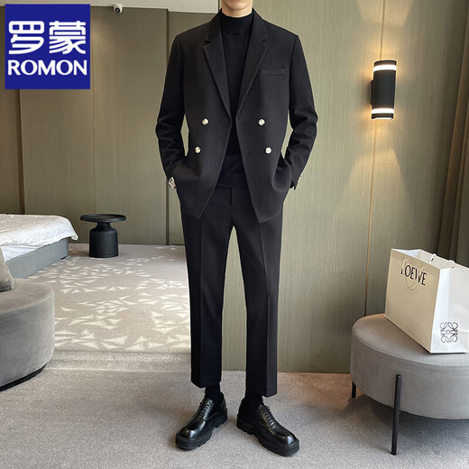 Romon Woolen Suit Men's Autumn and Winter Thick Plus Suit Suit Soft Fabric New Double-Breasted Dark Gray (Suit + Pants) XL (140Jin Jin is equal to 0.5kg -160Jin Jin is equal to 0.5kg)