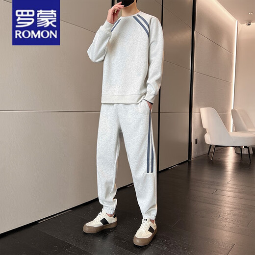 Romon Casual Sportswear Anzug Männer Frühling und Herbst 2024 Neue langärmlige Herrenkleidung mit einem hübschen runden Hals-Sweatshirt 9230 White Grey [Set] 3XL