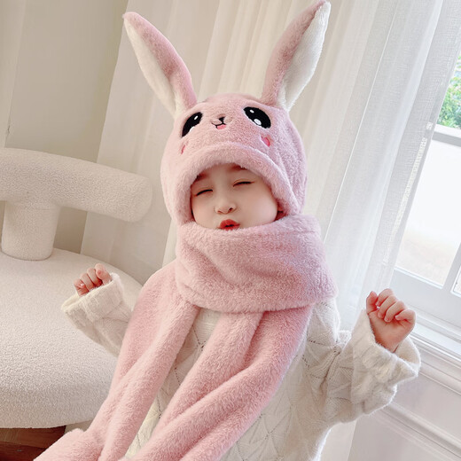 Happy und bewegende Kaninchenohren Hutschalhandschuhe in eine in eine für den Herbst und Winter von Kindern integriert Frauen für die neue süße warme Schalleder-Leder-Rosa-Doppelschicht 1 Stück verdickt 1 Stück