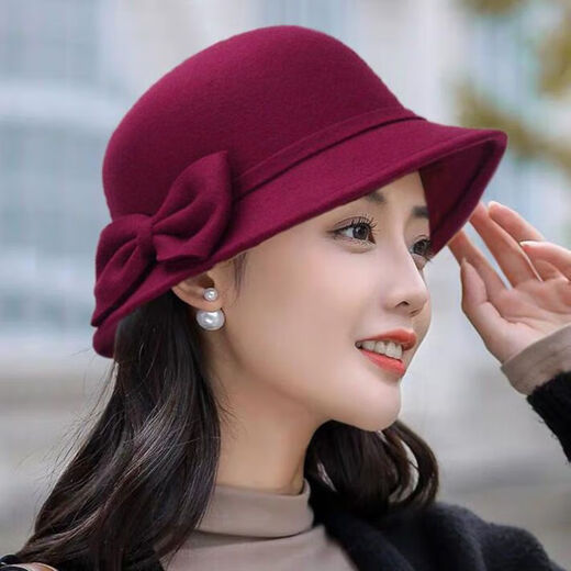 Pisces Rabbit Felt Hat Women's Autumn and Winter Big Face Slim Versatile Fashion Woolen Hat Korean Style Felt Hat Retro British (Big Bow) Wine Red Adjustable Head Size 57CM