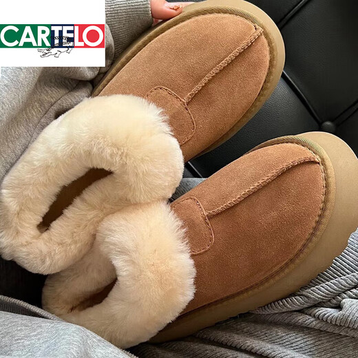 卡帝乐鳄鱼（CARTELO）小个子厚底低帮雪地靴女羊皮毛一体2025年新款一脚蹬冬季毛毛棉鞋 栗色 36