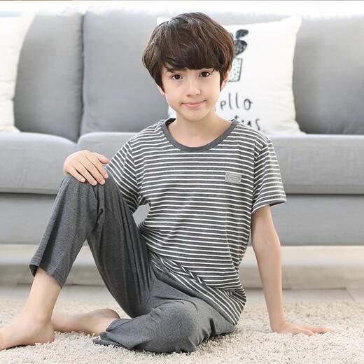 EMBERLOVE男童睡衣夏季薄款儿童短袖长裤纯棉家居服小男孩中大童青少年套装 N9901【短长】 165 cm L码 100-115斤