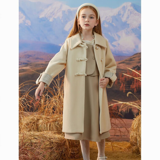 Disney Girls' Woolen Coat Autumn and Winter New Style Western Style Large Children's Woolen Coat Thickened Cotton Mid-Length Winter Clothes Beige Single Layer Lining 120