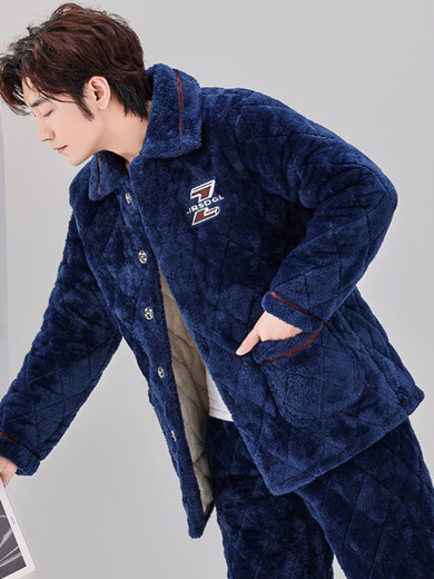 Modal Winter Herren-Pyjamas Koralle Samt Baumwolle Dreischicht verdickte Flanell warme Heimkleidung Herbst und Winterstil Set C9901# Schwarze graue Männer [Milchvolum