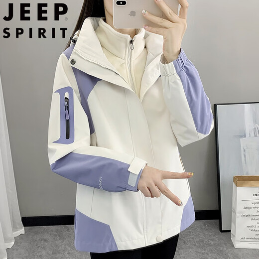JEEP SPIRIT Jacket Women's 2025 Spring, Autumn and Winter New Three-in-one Detachable Windproof, Waterproof and Warm Ski Windbreaker Women's Purple and White Two-piece Set M Hat Detachable