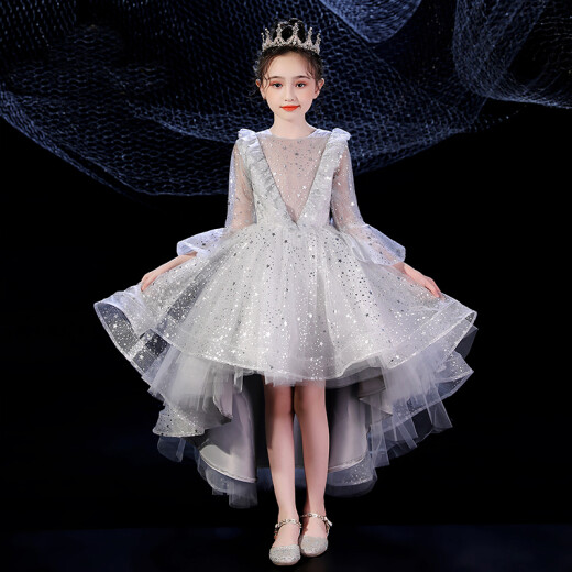 Play fox girl dress dress western style princess wedding long-sleeved flower girl wedding dress host catwalk birthday steel smoke gray blue long-sleeved 140cm height