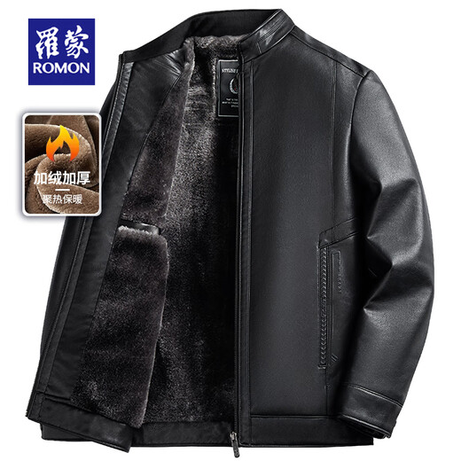 ROMON dad winter leather jacket men's velvet thickened middle-aged and elderly father men's new warm leather jacket top 3215-90 black velvet thickened XL (suitable for 110-130 Jin Jin equals 0.5 kg)