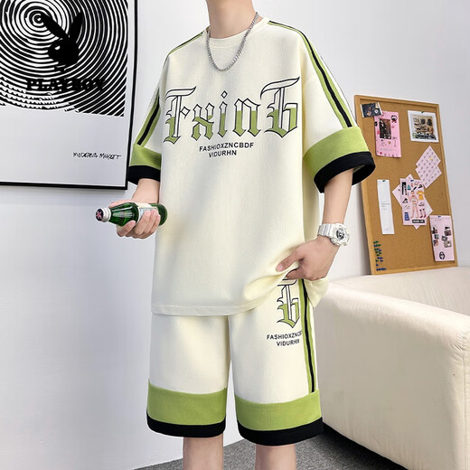 花花公子（PLAYBOY）短袖t恤男休闲套装男2024夏季华夫格短裤两件套圆领半袖男体.恤衫 DT681黑色套装 170 (约110~125斤可穿)