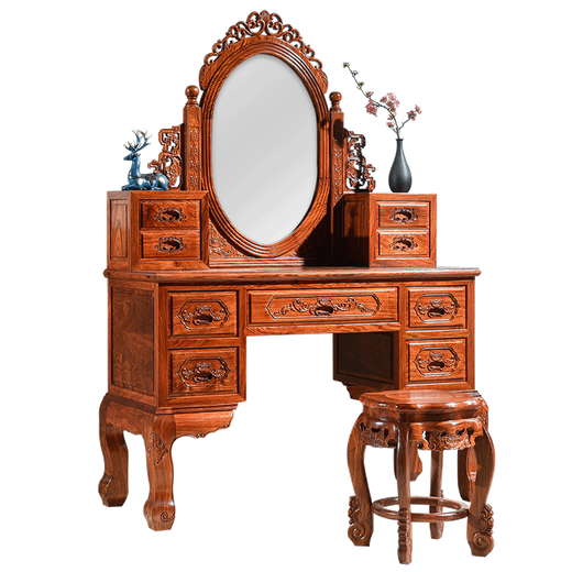 Tianjiang Qicai mahogany furniture Burmese rosewood (scientific name: Big fruit rosewood) all solid wood European style bedroom dressing table dressing stool Fuyun dressing table + stool two-piece set