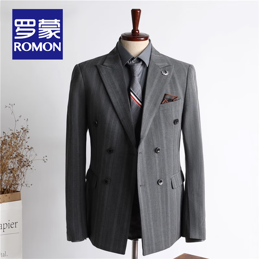 ROMON high-end customized striped suit suit for men in autumn and winter new double-breasted professional suit for men wedding and groom's dress medium gray two-piece suit + pants XL size free + brooch + pocket square