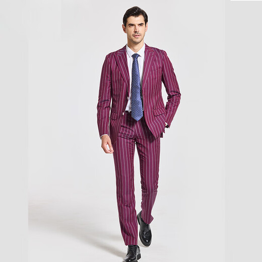 Jijia autumn and winter fashion suit two-piece casual men's striped VBC wool suit jacket rose red 175/96A suit + trousers