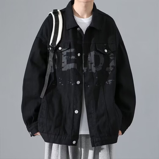 Digada American denim jacket men's fashion new trendy brand retro Hong Kong style workwear casual loose handsome heavy jacket men TY842 black regular XL 100-120Jin Jin equals 0.5 kg