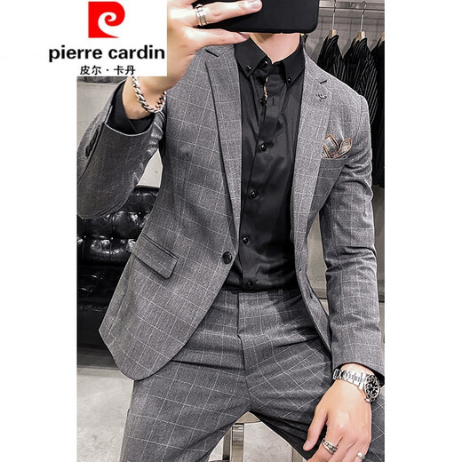 Pierre Cardin light luxury high-end brand men's fashion plaid suit men's suit youth slim British style handsome suit men's handsome casual jacket light luxury knitted dark gray suit and pants L