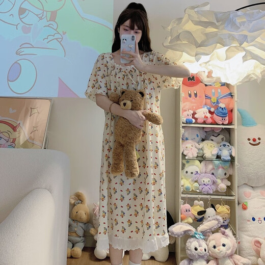 夏季天公主风中长款睡裙女生2025年新款可爱小熊纯棉花边日系睡衣 qs裙#9871带胸垫 L l 推荐100-120斤穿