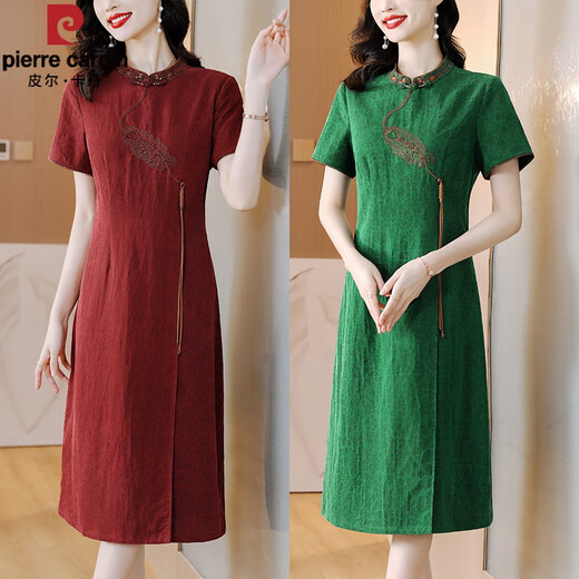 Pierre Cardin Brand Xi Grandma Mariage de mariage Banquet Emulation de soie Cloud parfum Cloud SA Robe pour femmes Mothers d'âge moyen d'été Amélioration du Cheongsam Gift 6231 Green XL
