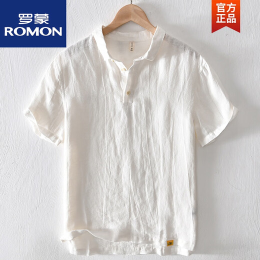 ROMON Chinese style linen lapel short-sleeved T-shirt men with collar linen men's cotton linen T loose shirt collar top msp795 light blue 3XL 185Jin [Jin equals 0.5 kg]