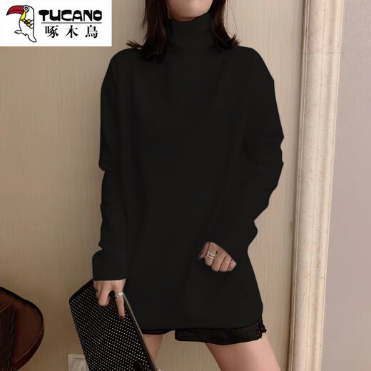 Woodpecker (TUCANO) turtleneck German velvet bottoming shirt for women with long sleeves and velvet thickening 2025 autumn and winter style inner mid-length t-shirt for women black black plus velvet XL 135-150Jin Jin is equal to 0.5 kg