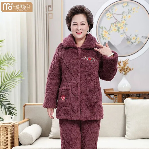 莫代尔中年妈妈加厚珊瑚绒中老年冬季宽松大码夹棉睡衣女保暖家居服套装 687 酒红色 水晶绒 中长款连帽 3XL 160-190斤 三层加厚