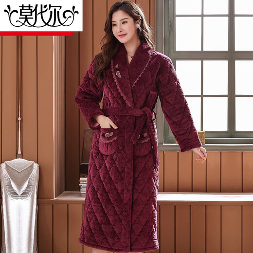 
Modal coral velvet nightgown for women in autumn and winter, thick three-layer cotton super thick pajamas for women with velvet bathrobe long CH9221 bean paste L