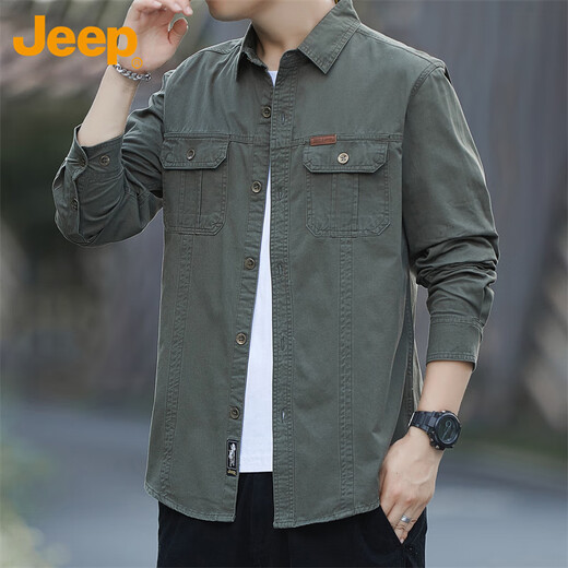 吉普（JEEP）衬衫男春秋季工装外套男士长袖衬衣宽松休闲衣服男装 军绿 2XL