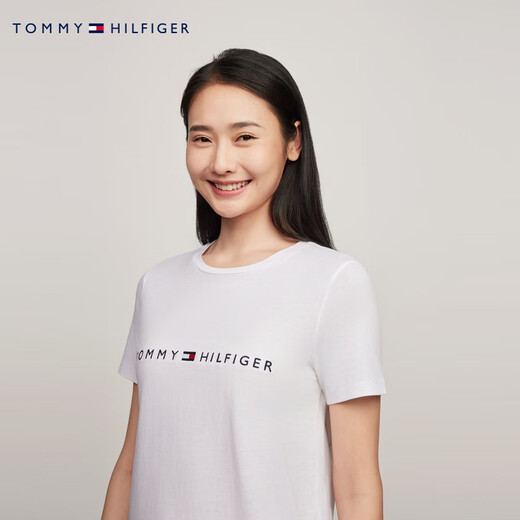 TOMMY HILFIGER夏季女装纯棉休闲通勤刺绣轻薄打底纯色圆领短袖T恤76J4880 白色YCI XS （推荐：80-100斤）