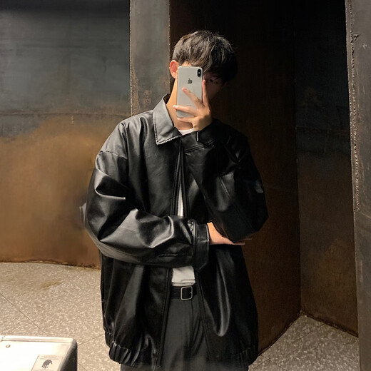 OEMG American motorcycle PU leather jacket for men and women in spring, autumn and winter handsome high street trendy loose couple jacket tops black regular style XL recommended 125-140 Jin Jin equals 0.5 kg