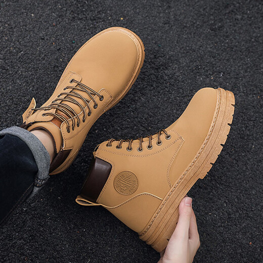 Yunshun rhubarb boots men's shoes high-top Martin boots men's Korean version versatile handsome trendy thick-soled work shoes short boots trendy shoes yellow 43